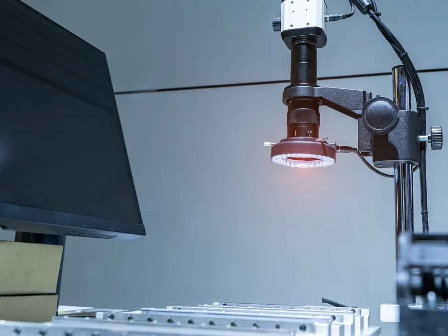 Industriële camera met ringlicht boven een productielijn